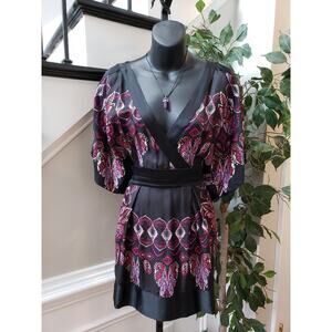 Bebe Wrap Dress Womens XS Multi Silk Paisley Empire Waist Cold Shoulder Sleeve